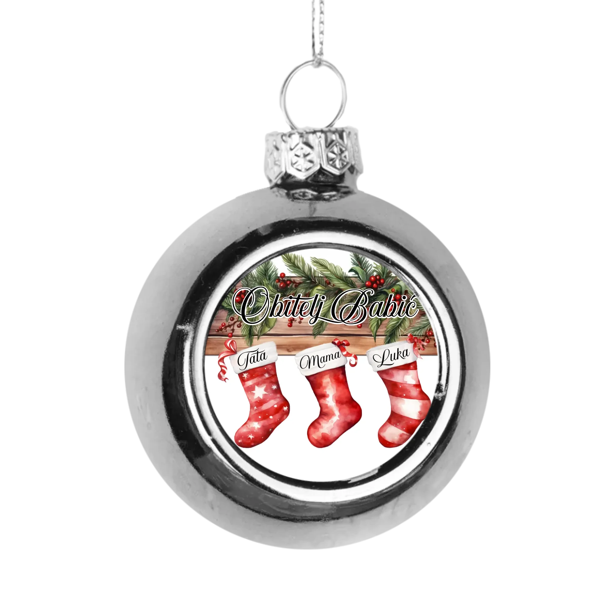 Božićni srebrni ukras s crvenim čizmicama