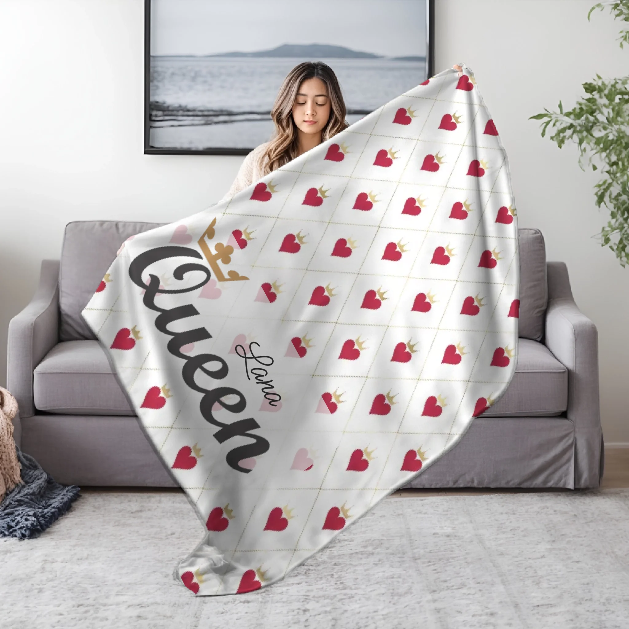 Plišana deka s natpisom “Queen” za žene s personaliziranim imenom