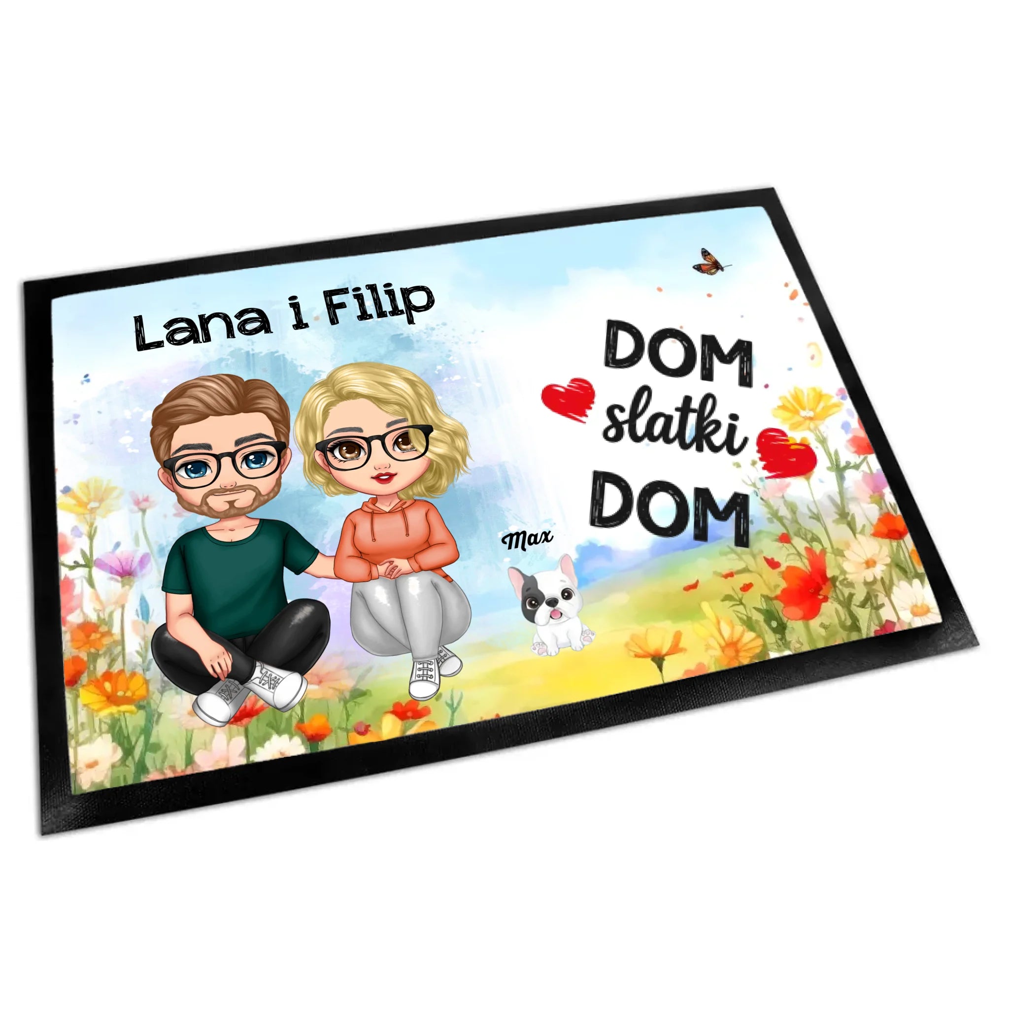 Uređiv personalizirani proljetni otirač s likovima za parove s kućnim ljubimcem po izboru