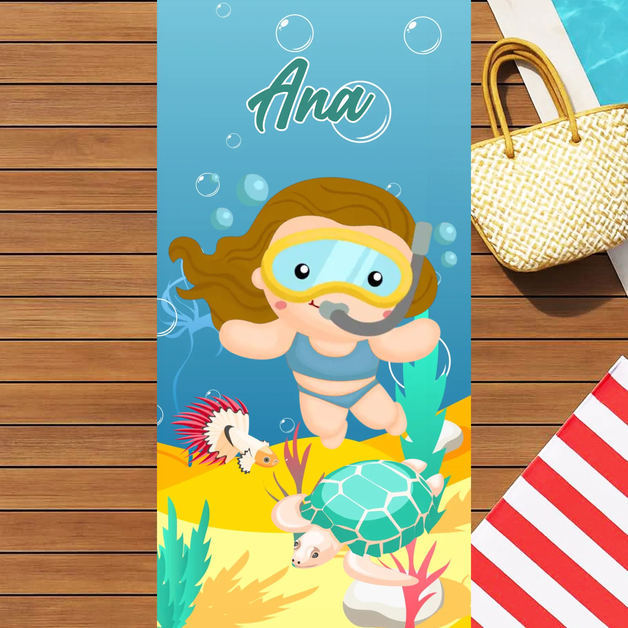 Personalizirani dječji ručnik za plažu s prilagodljivim djevojačkim motivom