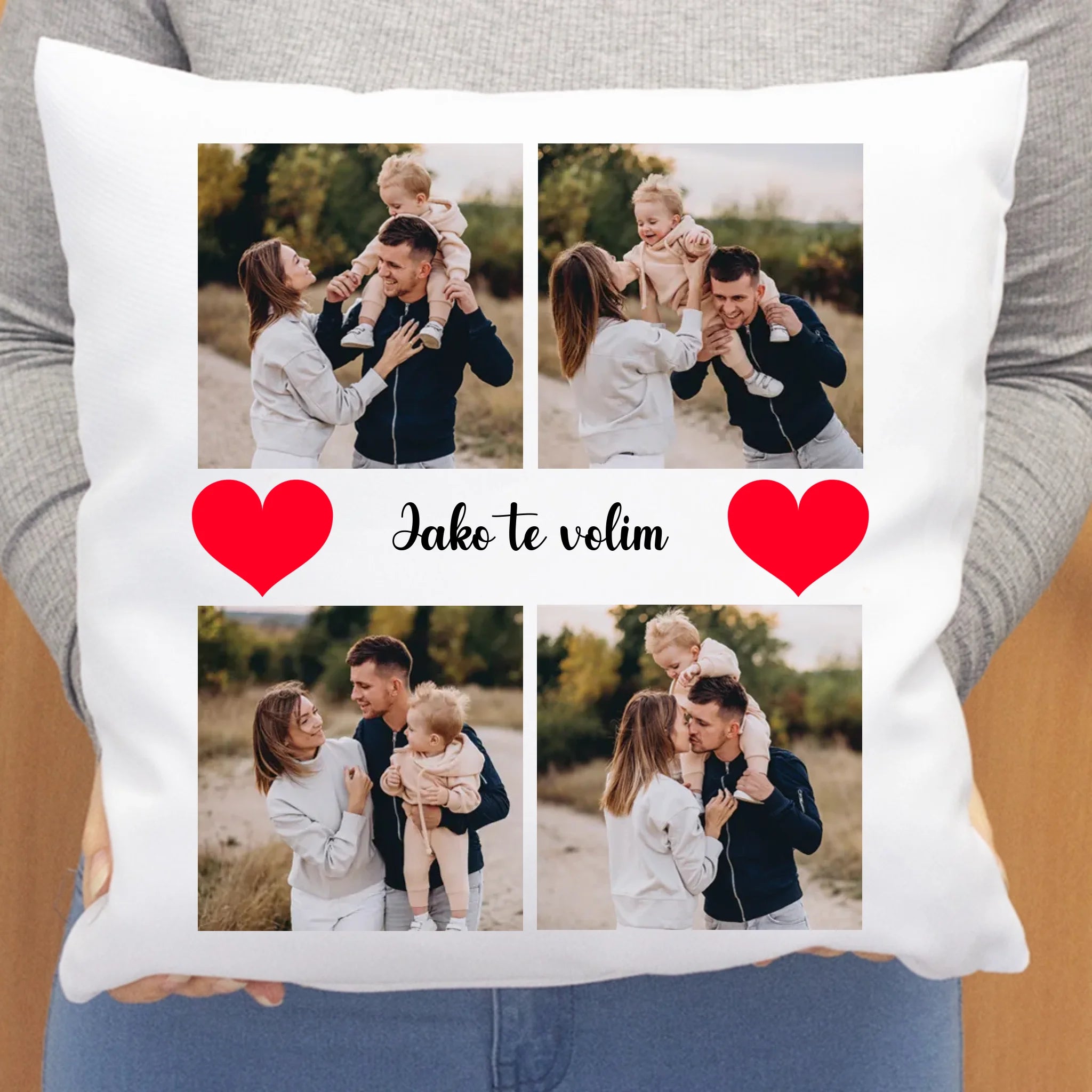 Personalizirani jastuk u obliku srca s 4 fotografije i natpisom