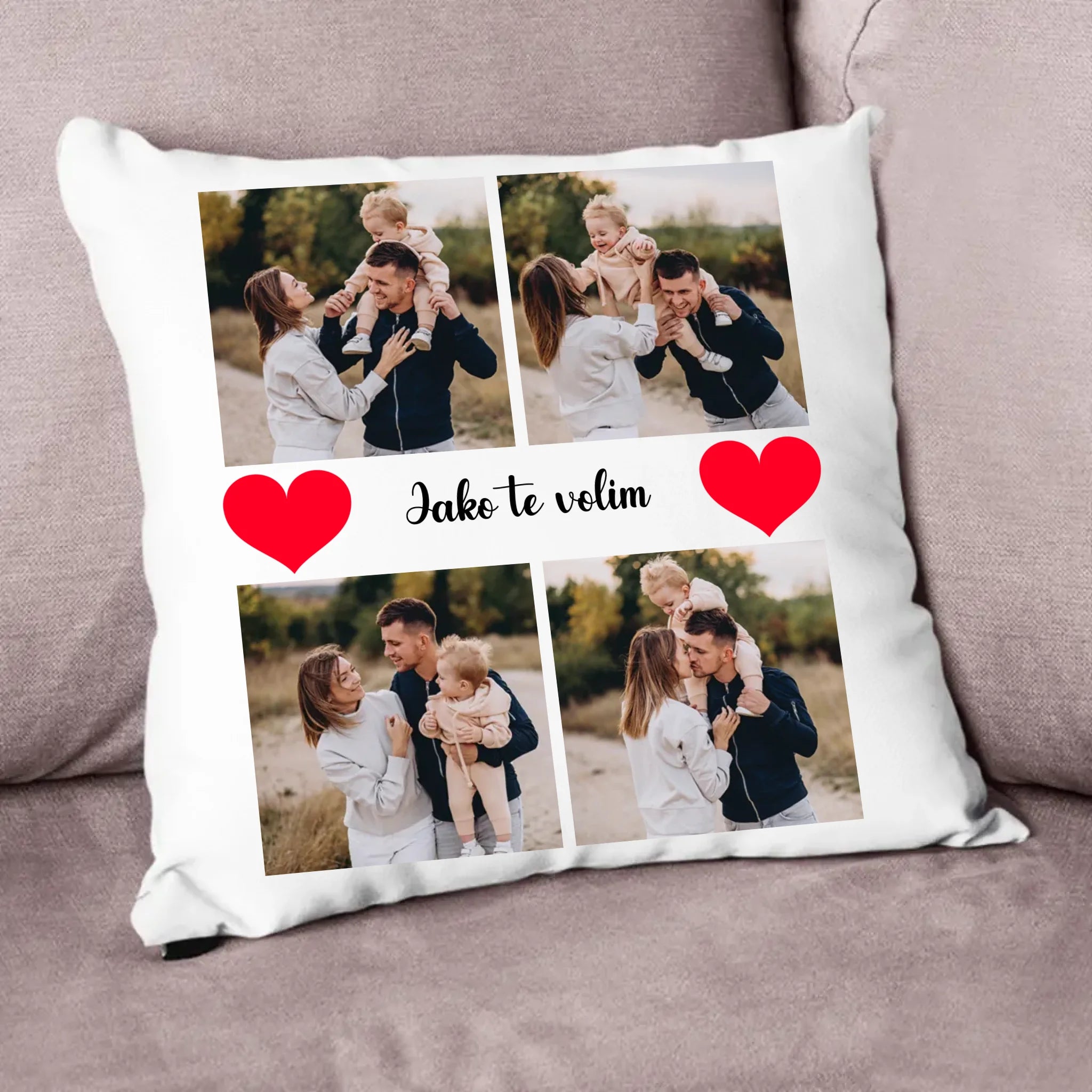 Personalizirani jastuk u obliku srca s 4 fotografije i natpisom