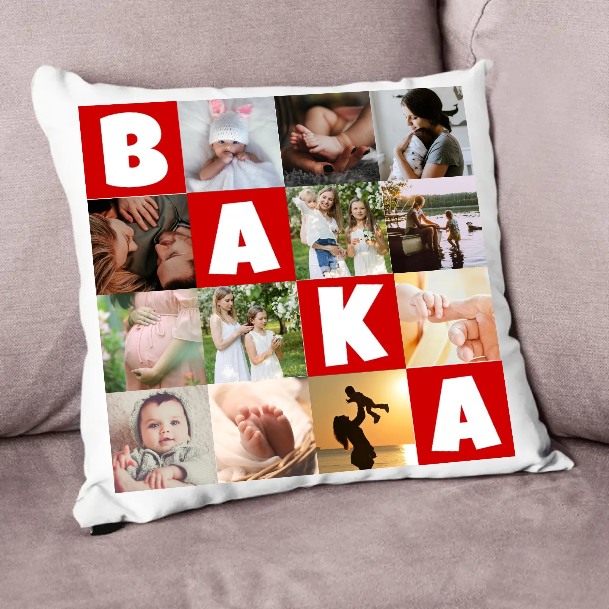Jastuk s 12 fotografija s natpisom „Baka”