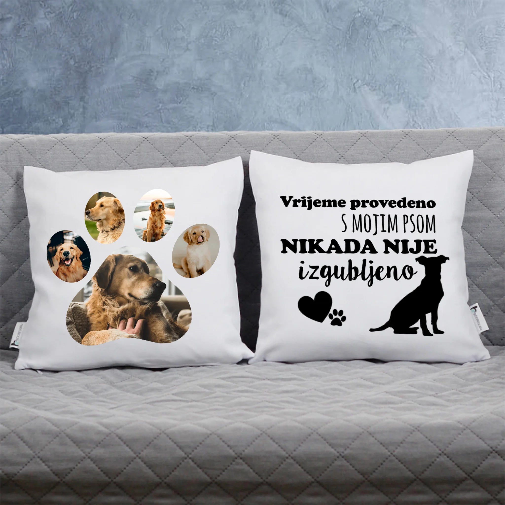 Dvostrani personalizirani jastuk s fotografijom psa i tekstom po želji