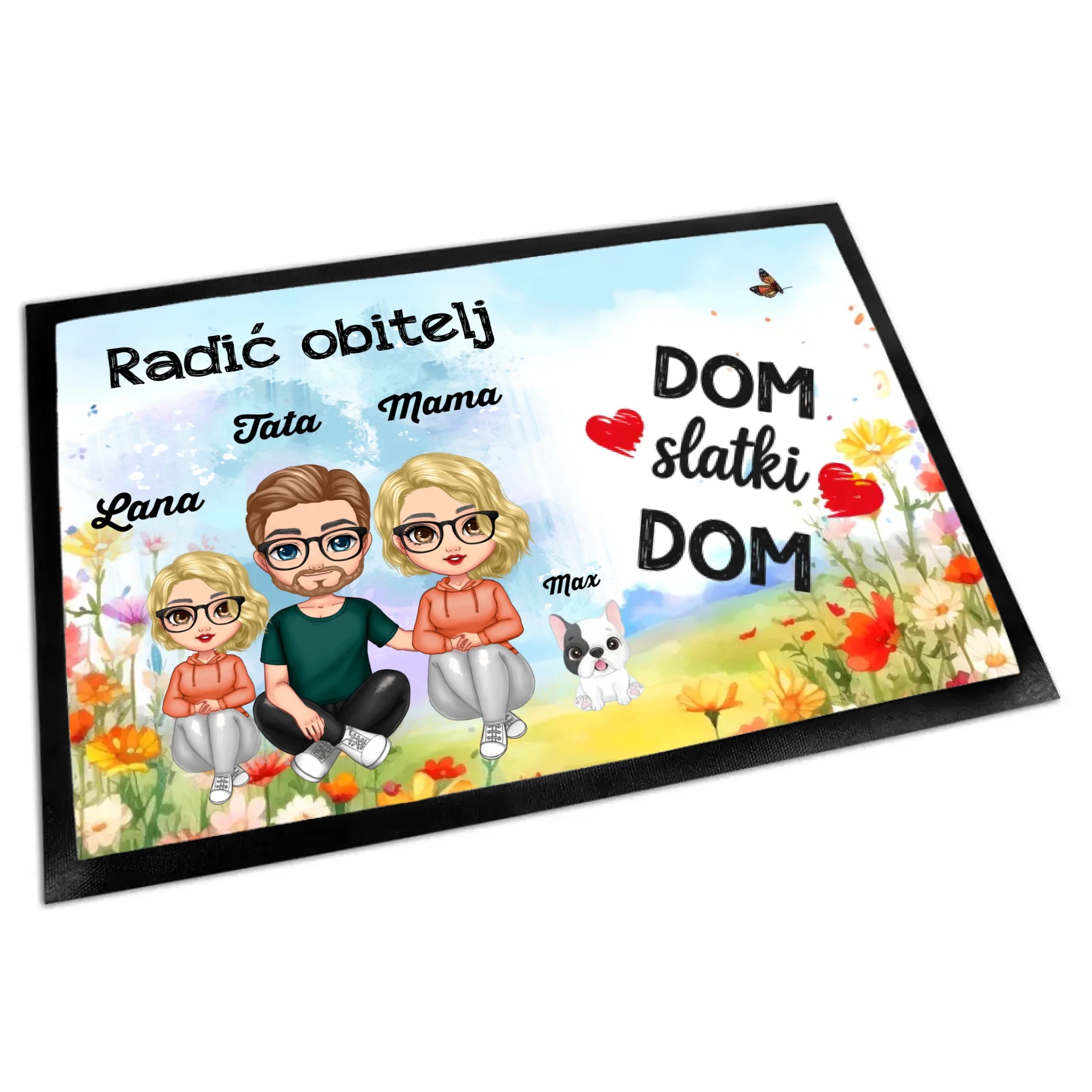 Uređiv personalizirani obiteljski otirač s proljetnim uzorkom, likovima i psom