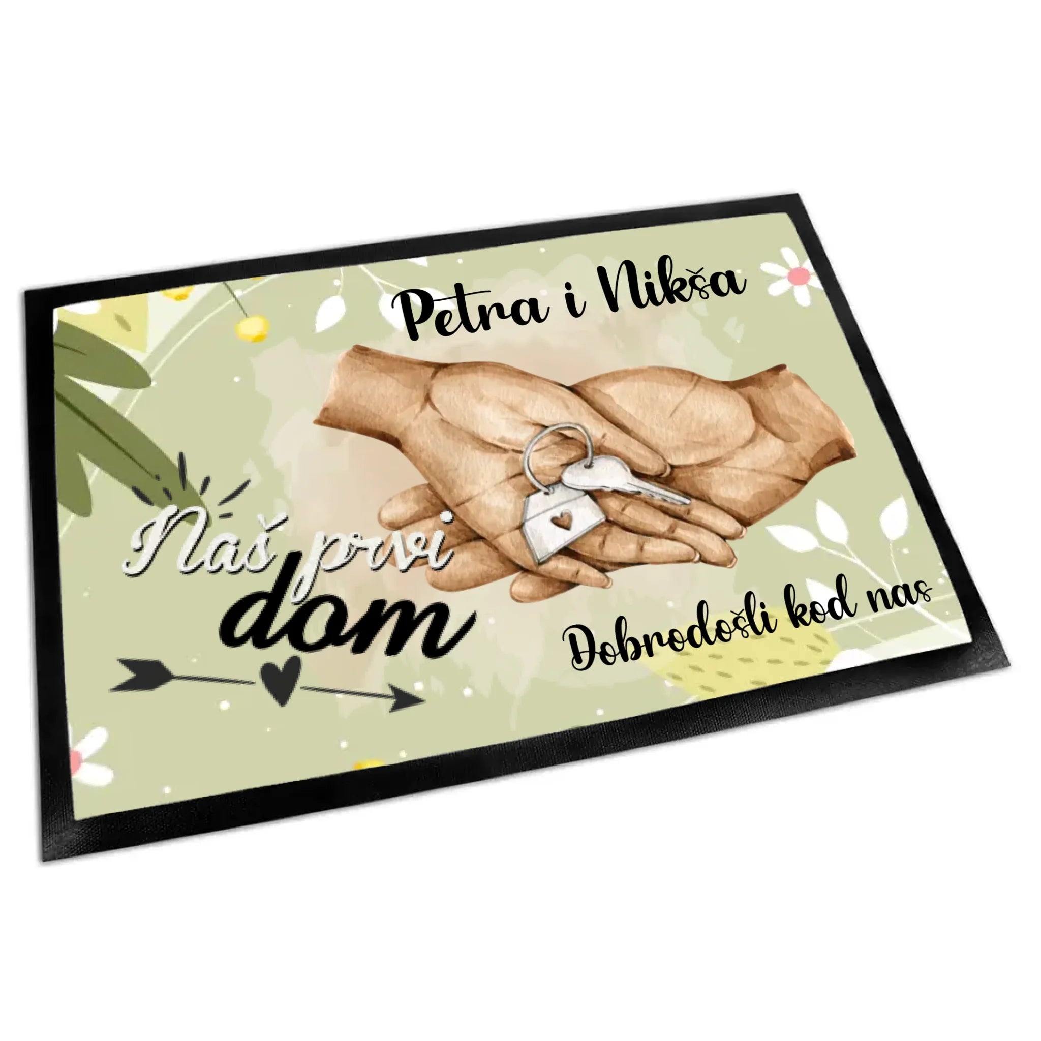 Uređiv personalizirani otirač s natpisom “Naš prvi dom” s proljetnom pozadinom