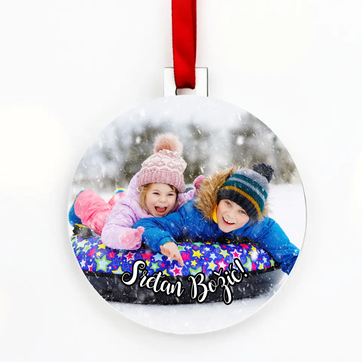 Personalizirani okrugli božićni ukras s fotografijom i natpisom