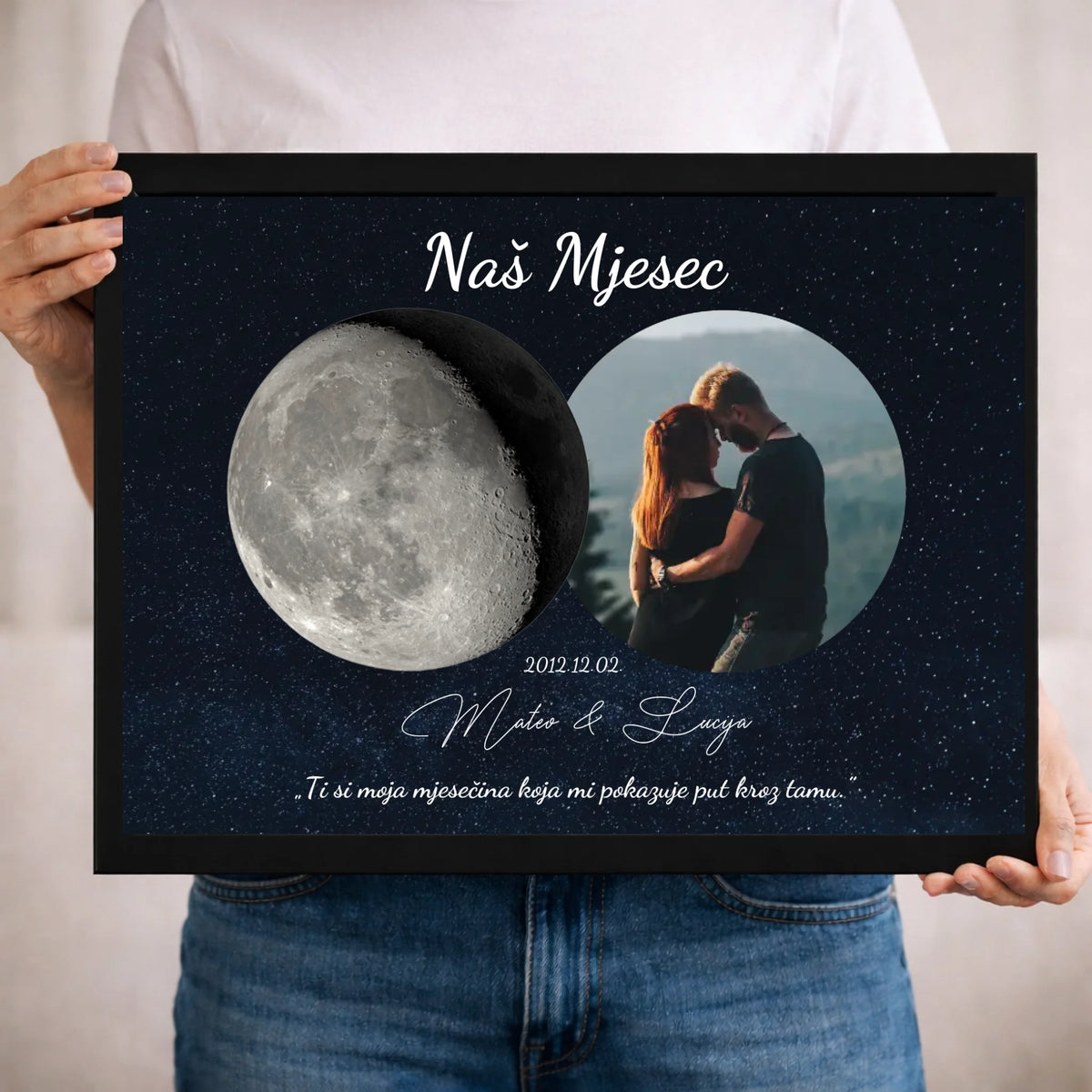 Zidna slika s mjesečevom fazom – personalizirana fotografijom i natpisom