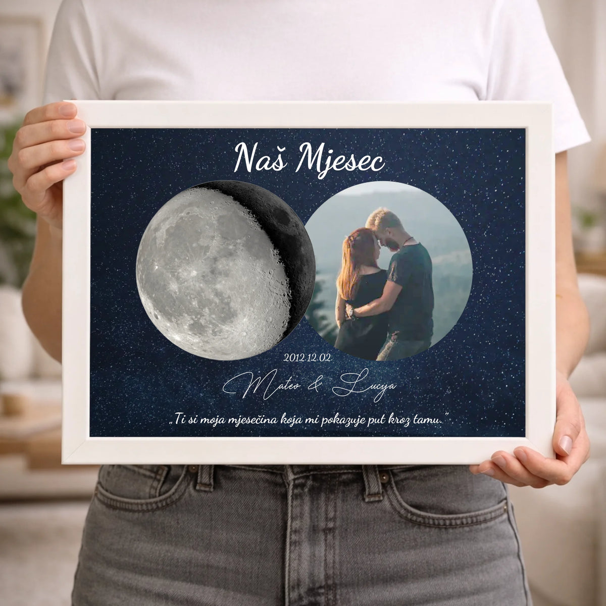 Zidna slika s mjesečevom fazom – personalizirana fotografijom i natpisom