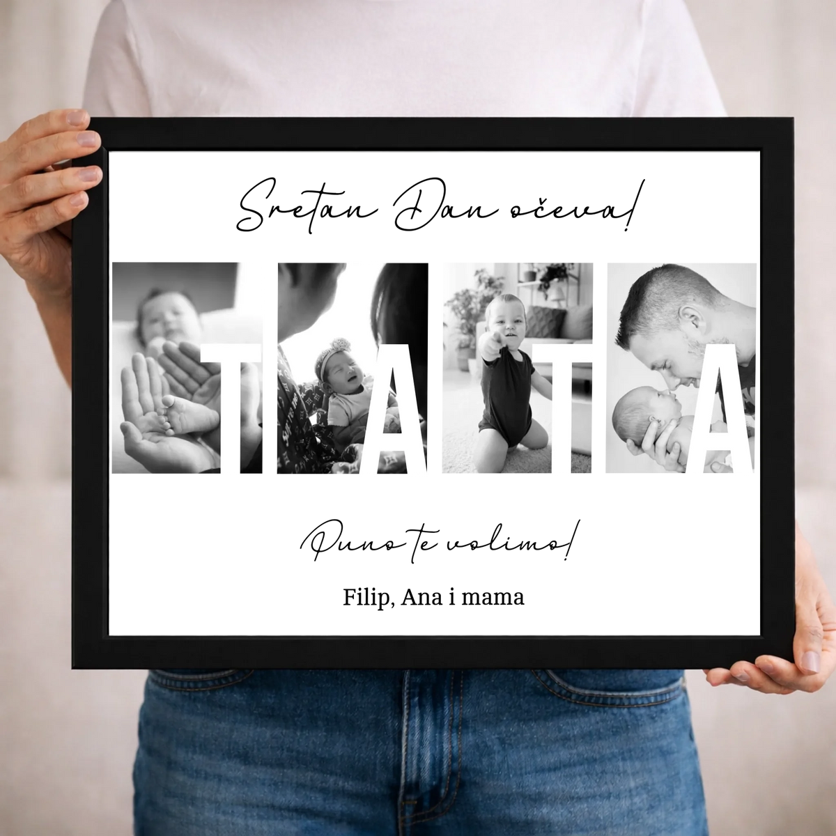 Personalizirana zidna slika s fotografijama i prilagodljivim natpisom „Tata, volimo te”
