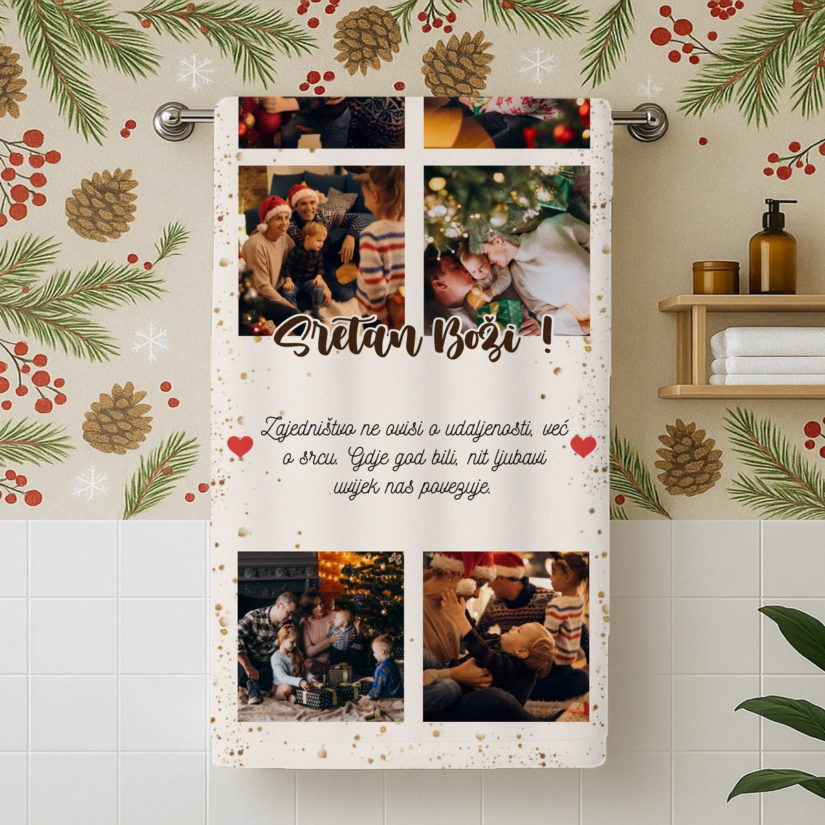 Personalizirani božićni ručnik sa 6 fotografija i prilagodljivim tekstom