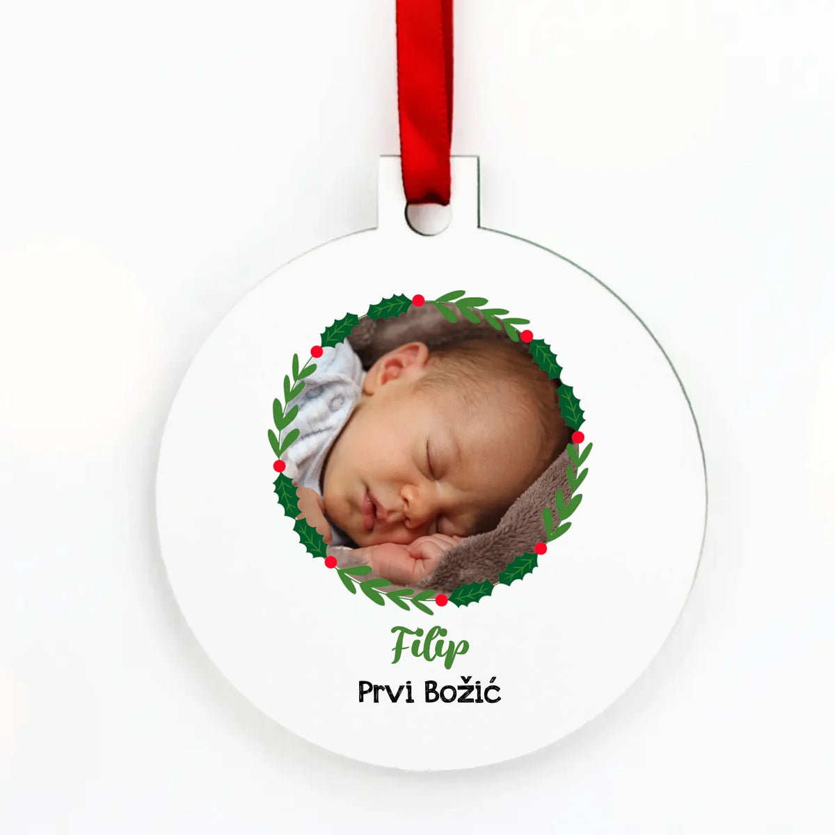 Personalizirani okrugli božićni ukras s fotografijom, vijencem i natpisom