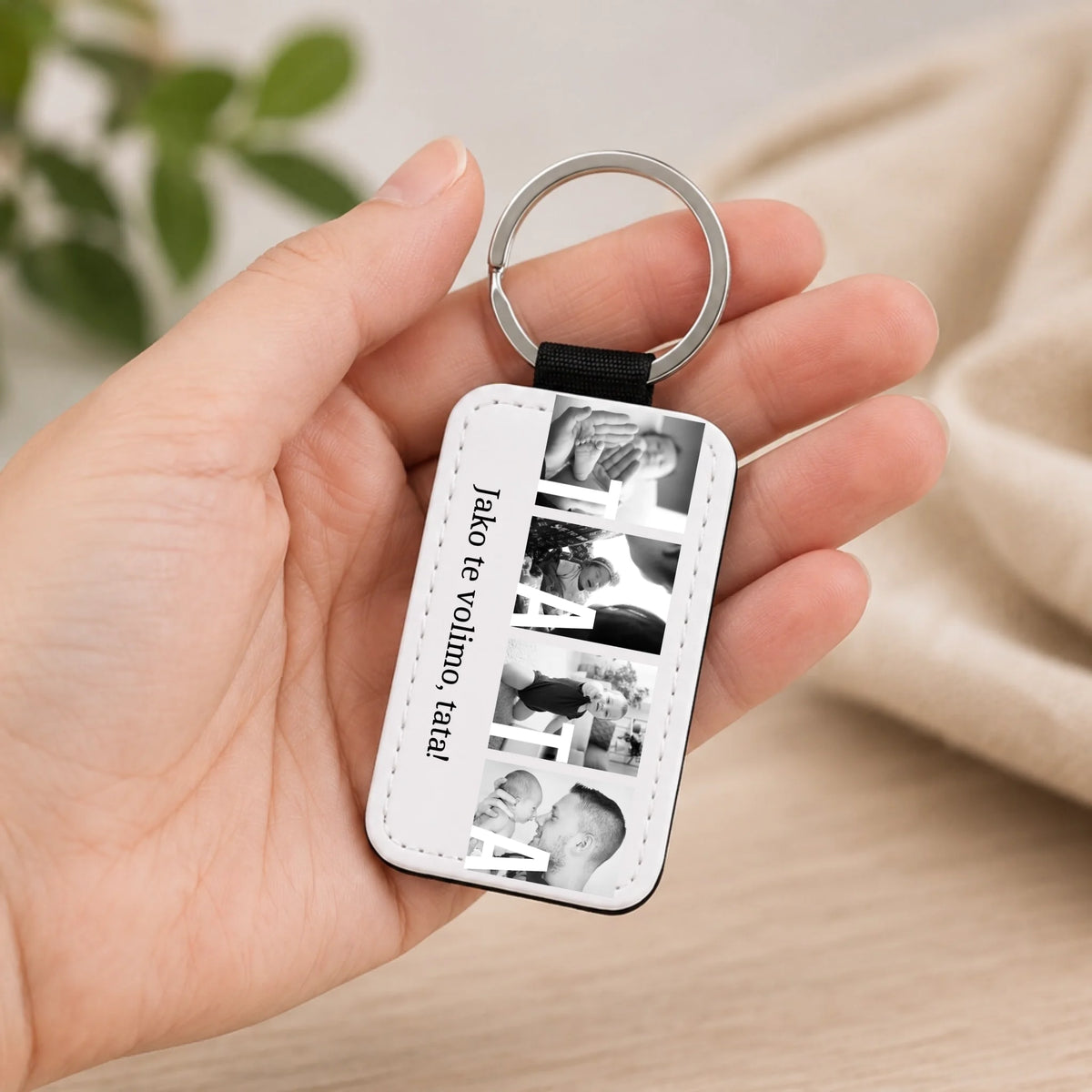 Poklon za tatu – personalizirani kožni privjesak za ključeve s fotografijom i natpisom