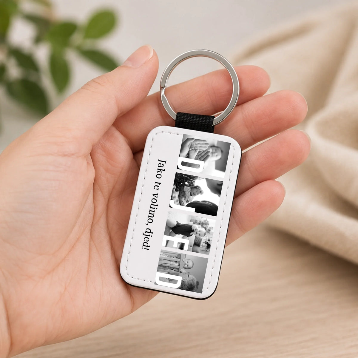 Poklon za djeda – personalizirani kožni privjesak za ključeve s fotografijom i natpisom