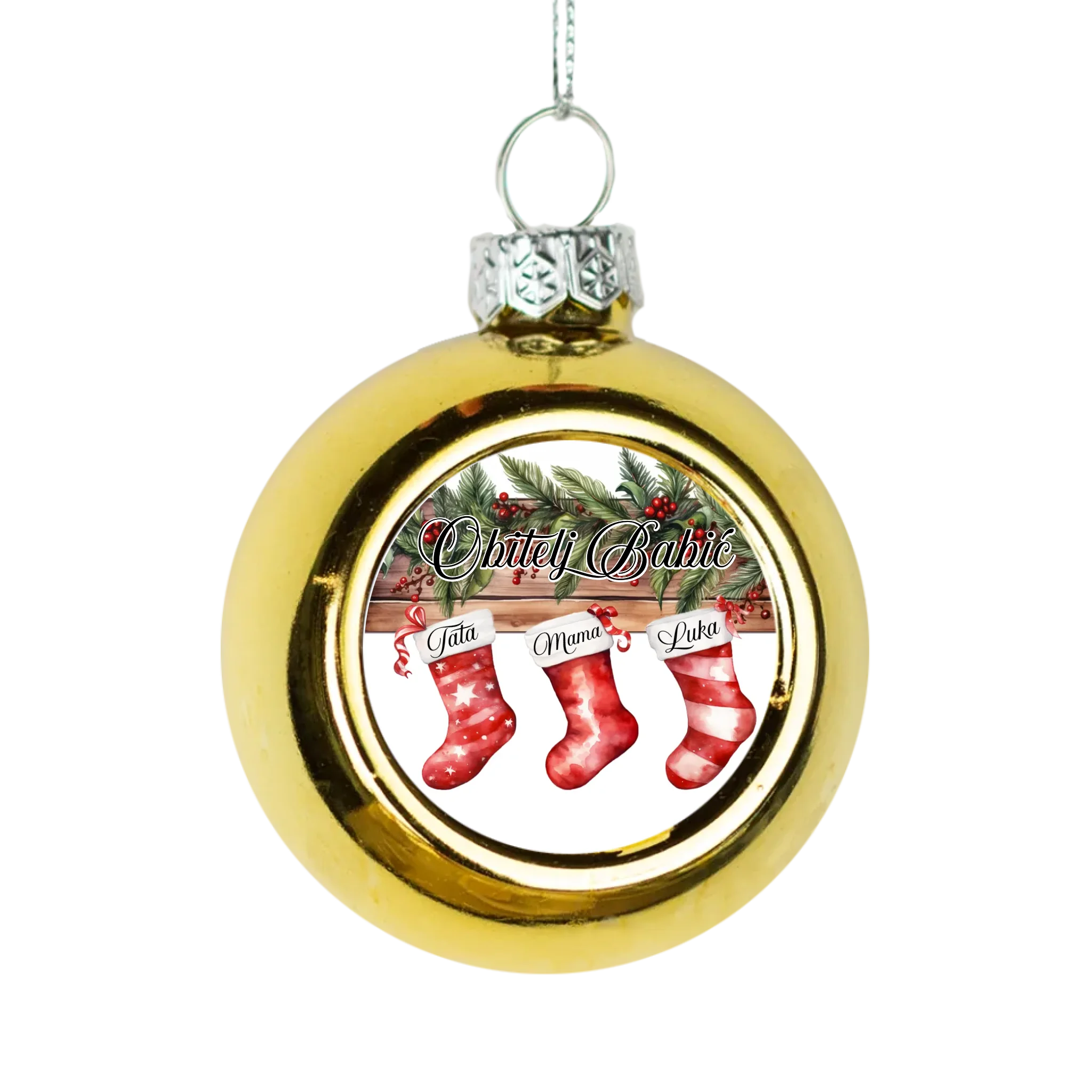 Božićni zlatni ukras s crvenim čizmicama