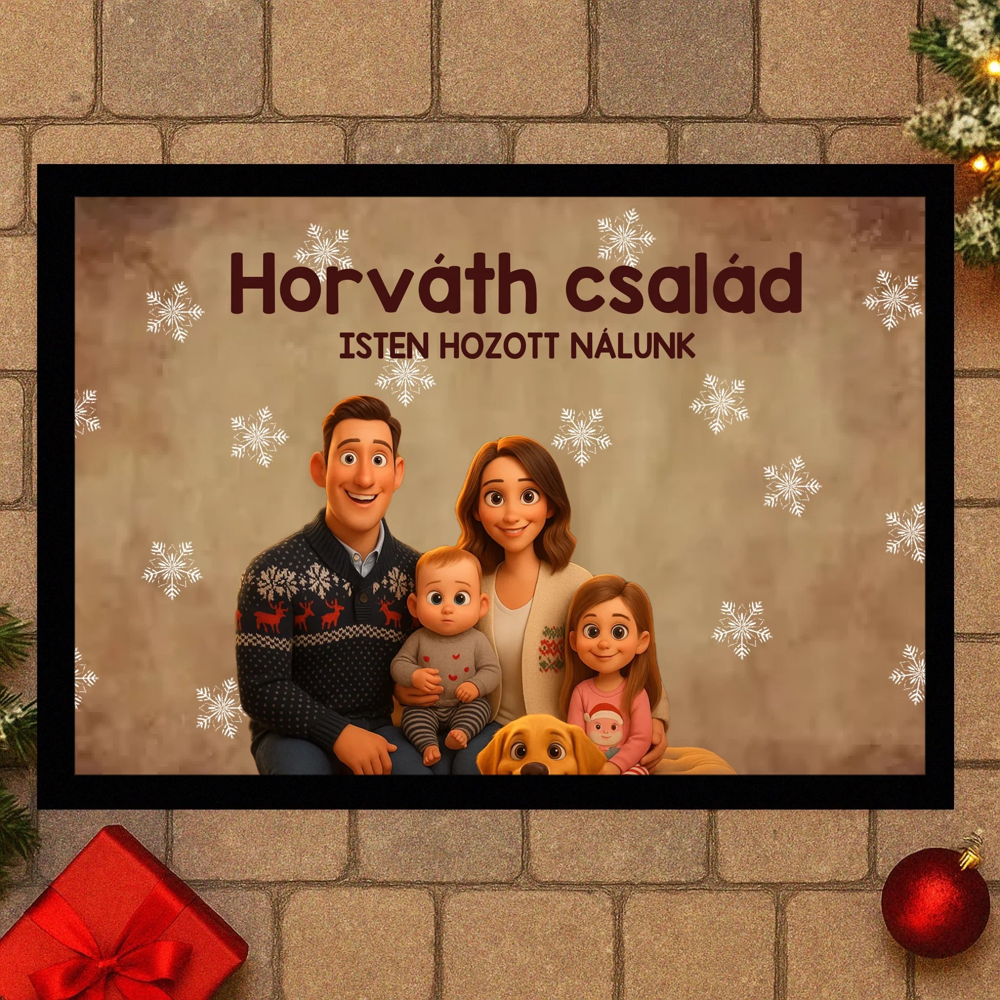 Egyedi családi karácsonyi lábtörlő – fotó alapján készült karakterekkel