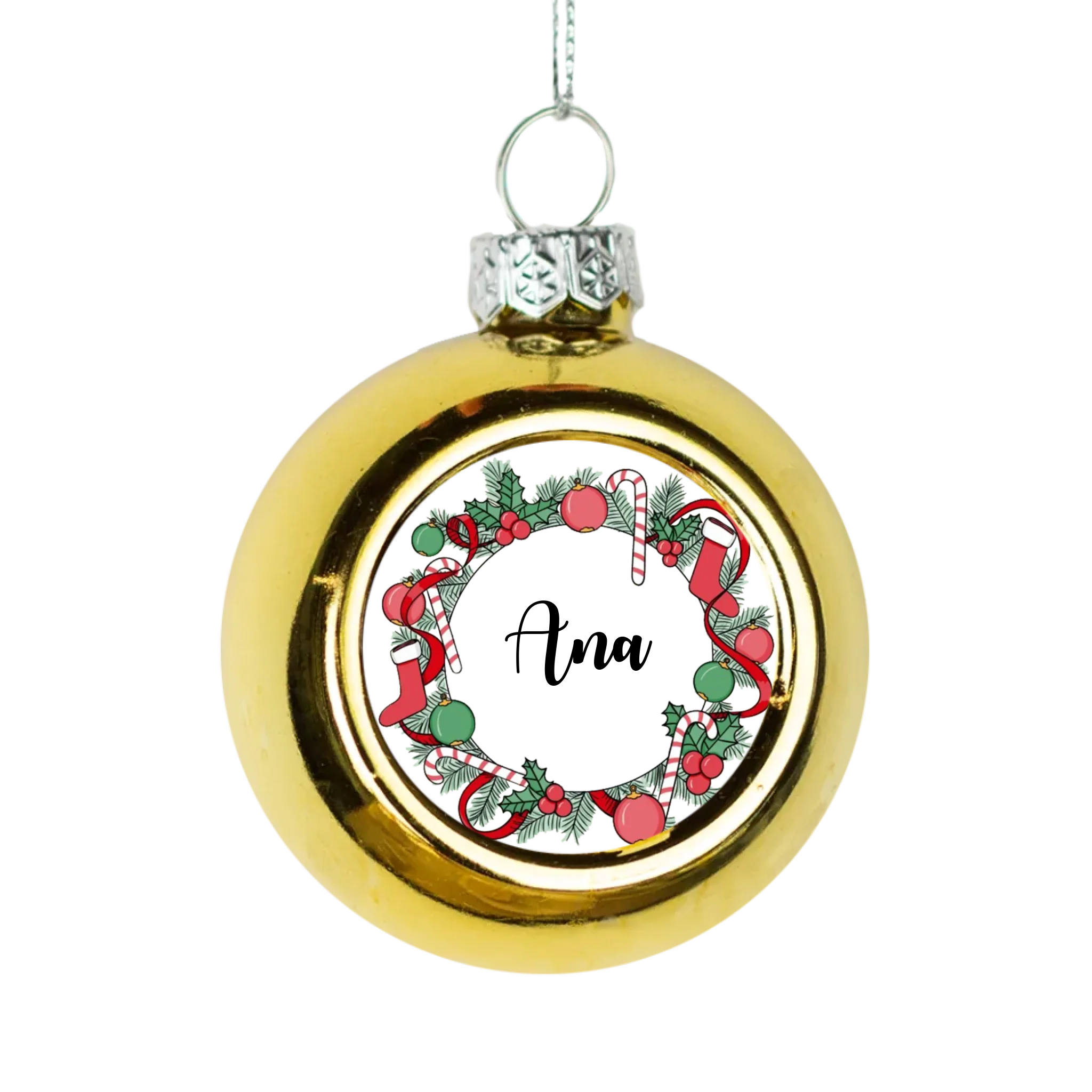 Božićni zlatni ukras s crvenim čizmicama