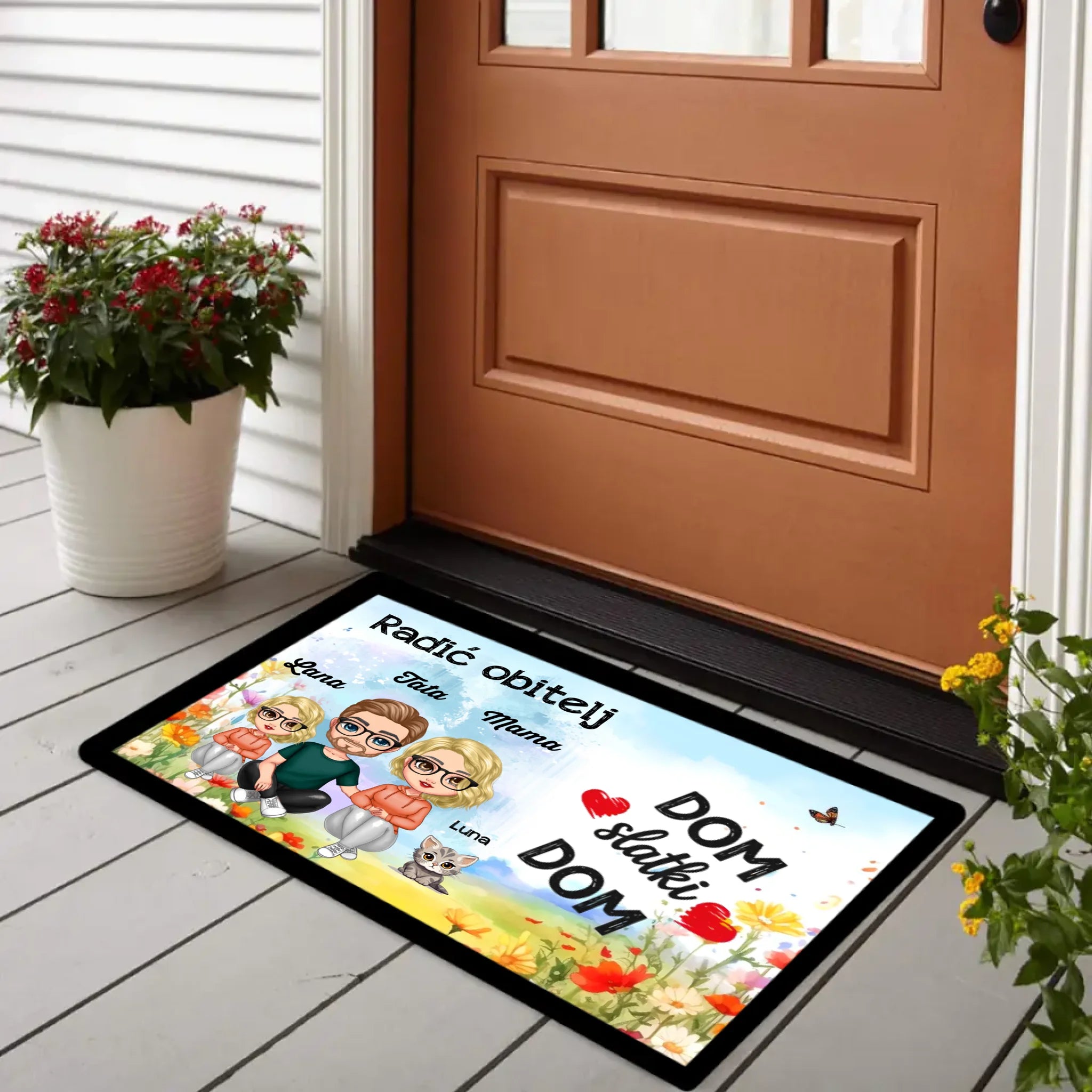 Uređiv personalizirani obiteljski otirač s proljetnim uzorkom, likovima i mačkom