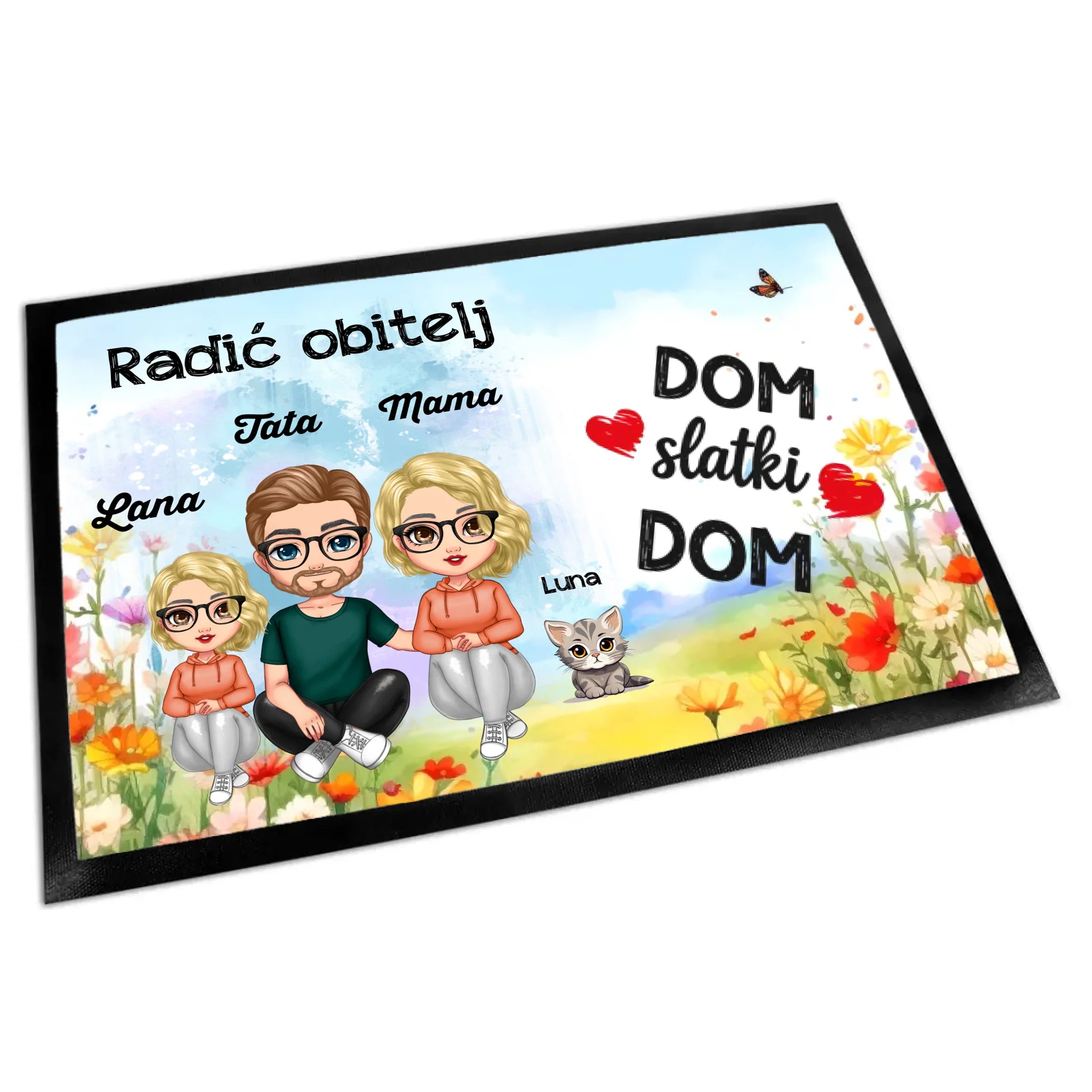 Uređiv personalizirani obiteljski otirač s proljetnim uzorkom, likovima i mačkom