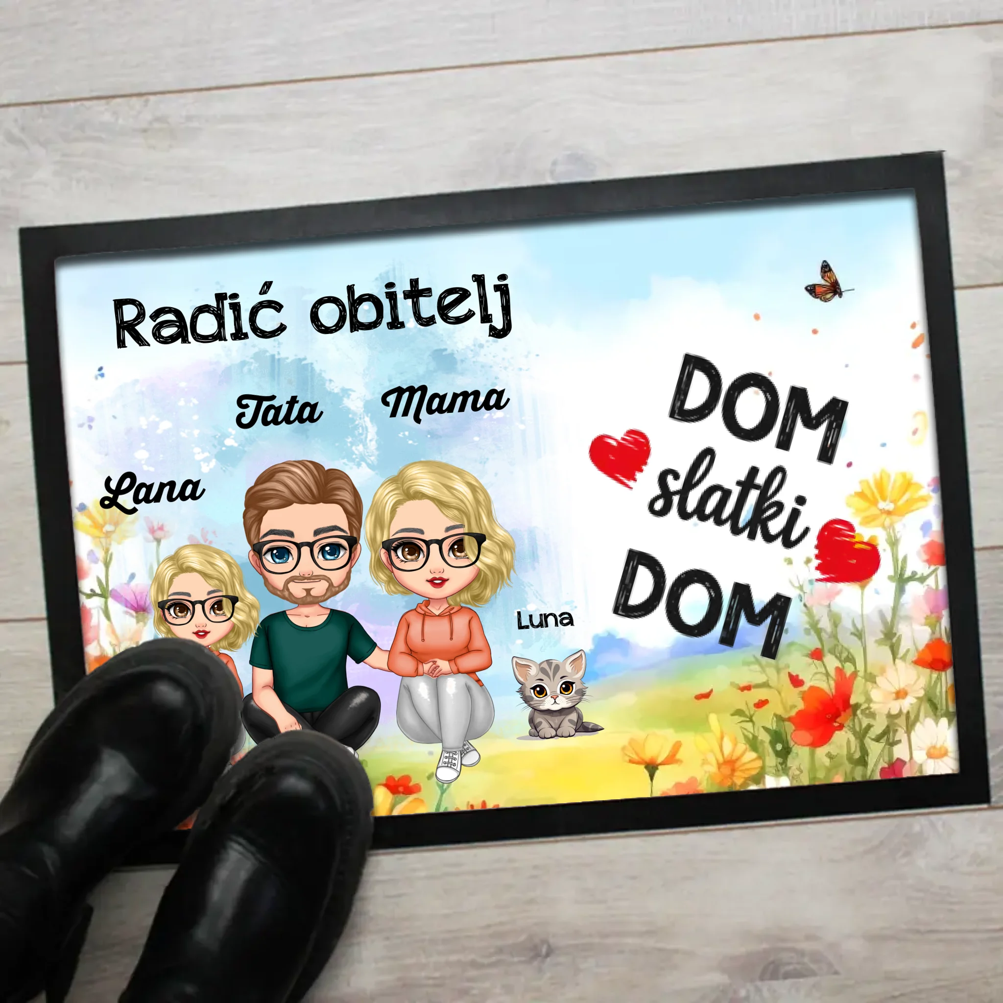 Uređiv personalizirani obiteljski otirač s proljetnim uzorkom, likovima i mačkom