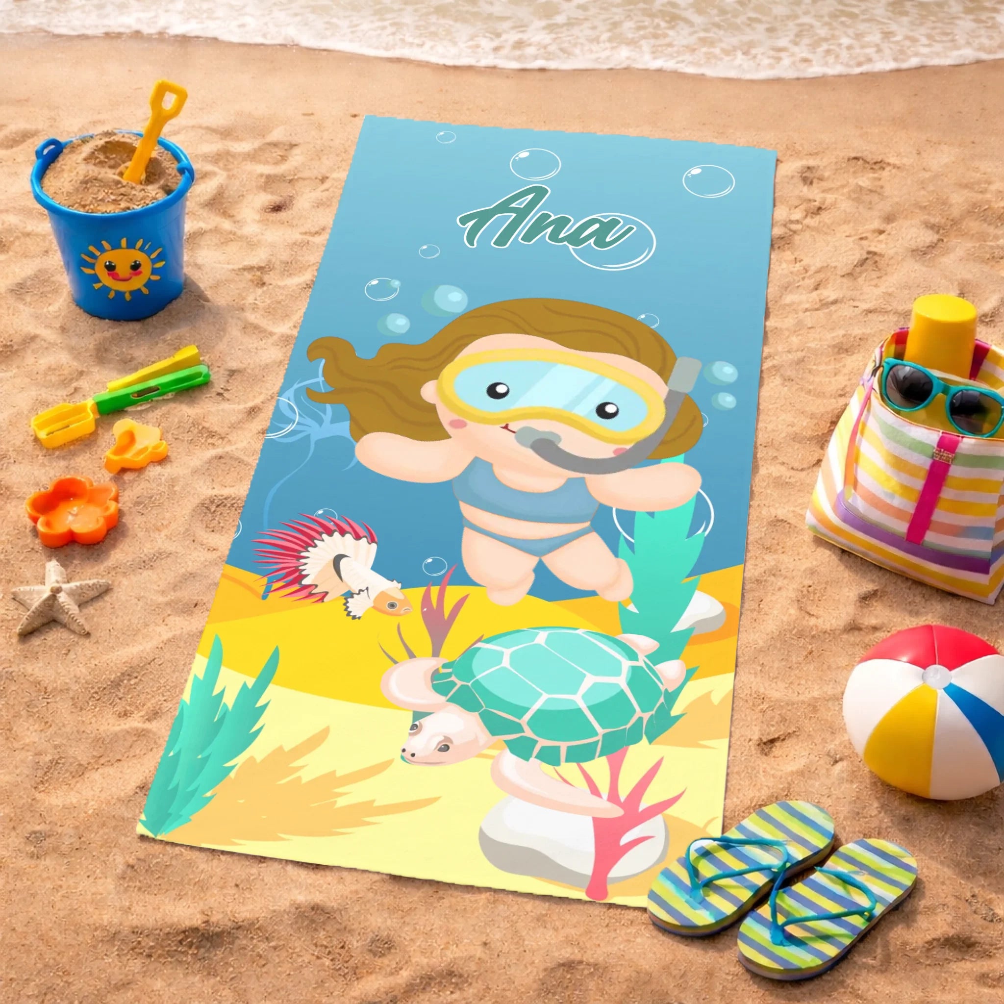 Personalizirani dječji ručnik za plažu s prilagodljivim djevojačkim motivom