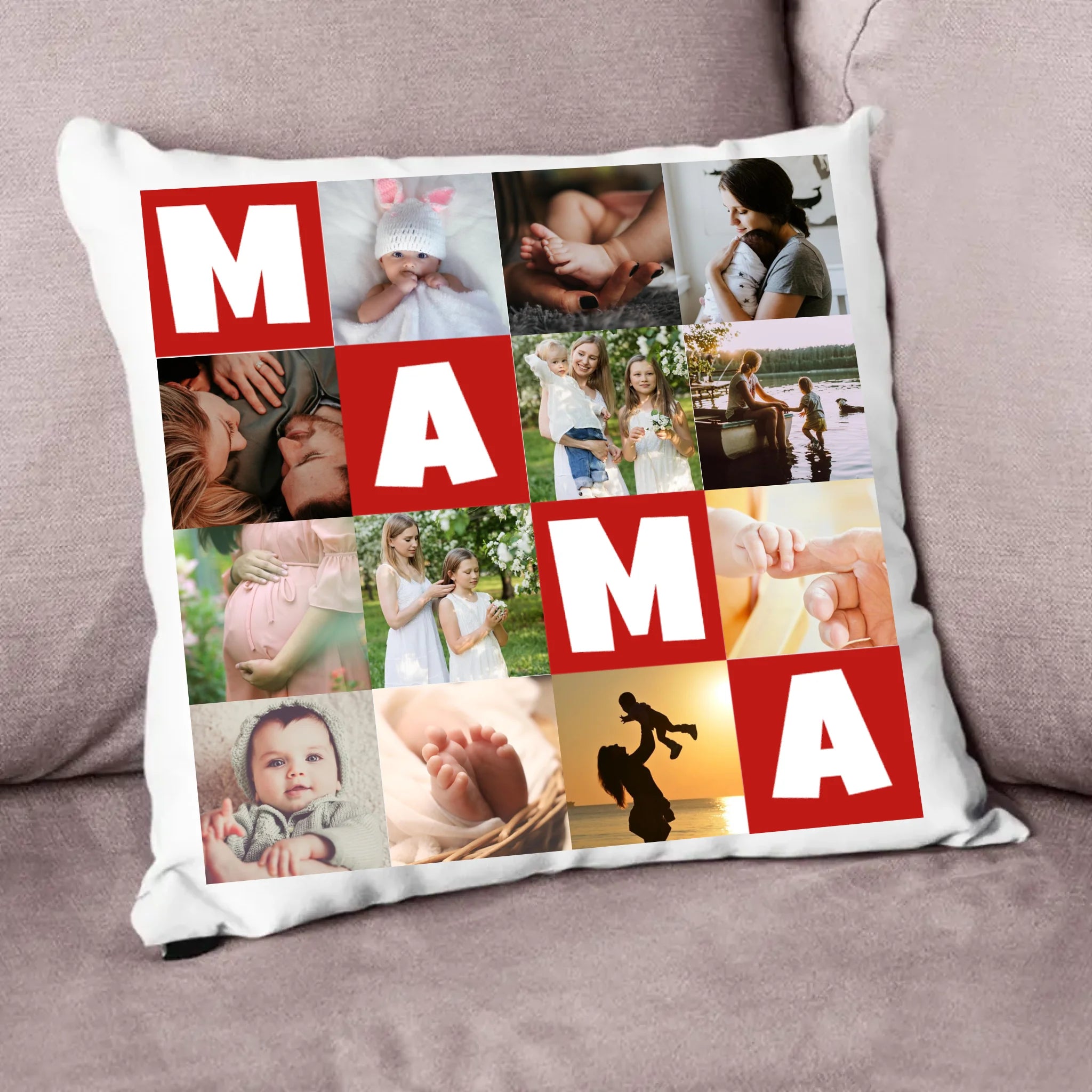 Jastuk s 12 fotografija s natpisom „Mama”