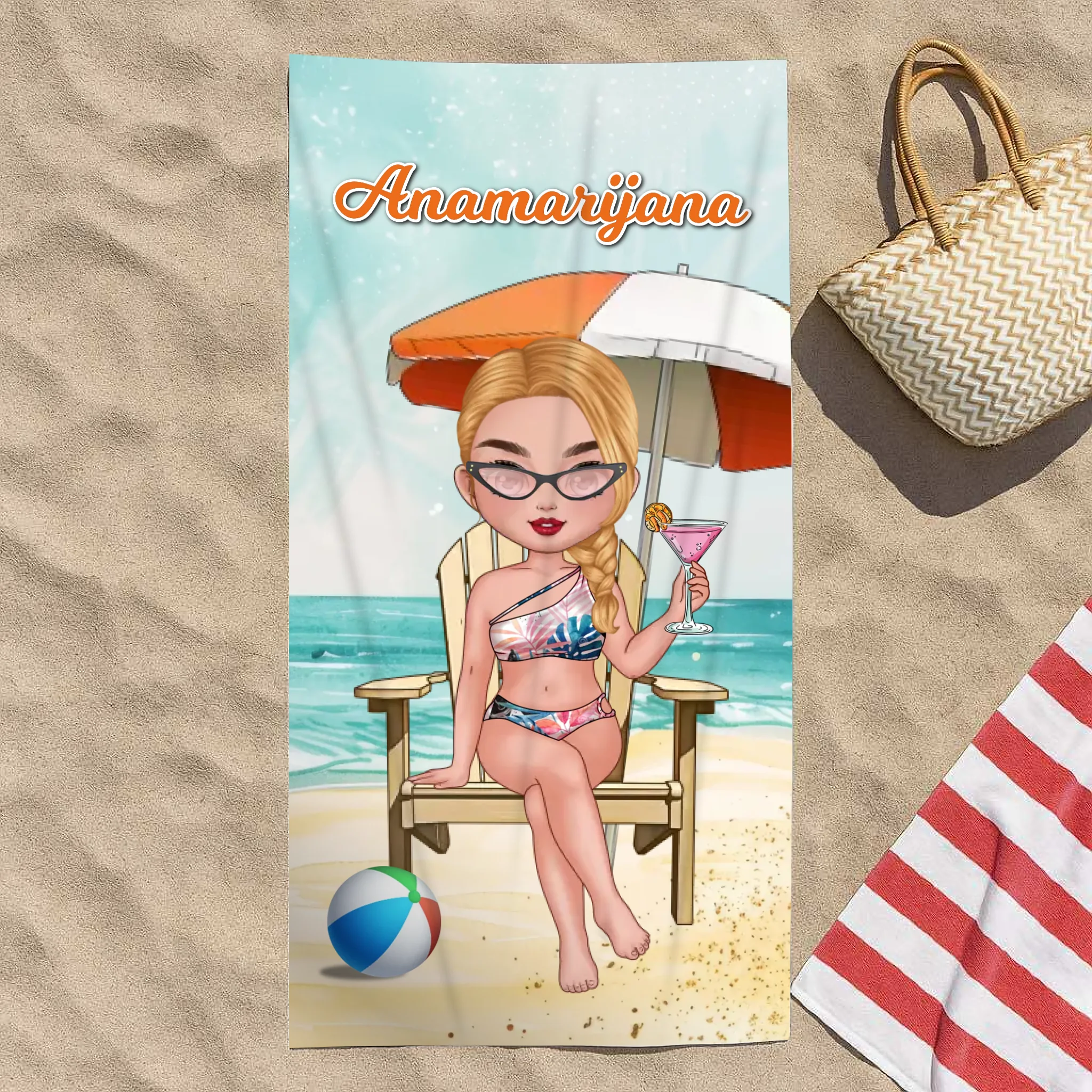 Personalizirani ručnik za plažu s uređivim likom – poklon za žene