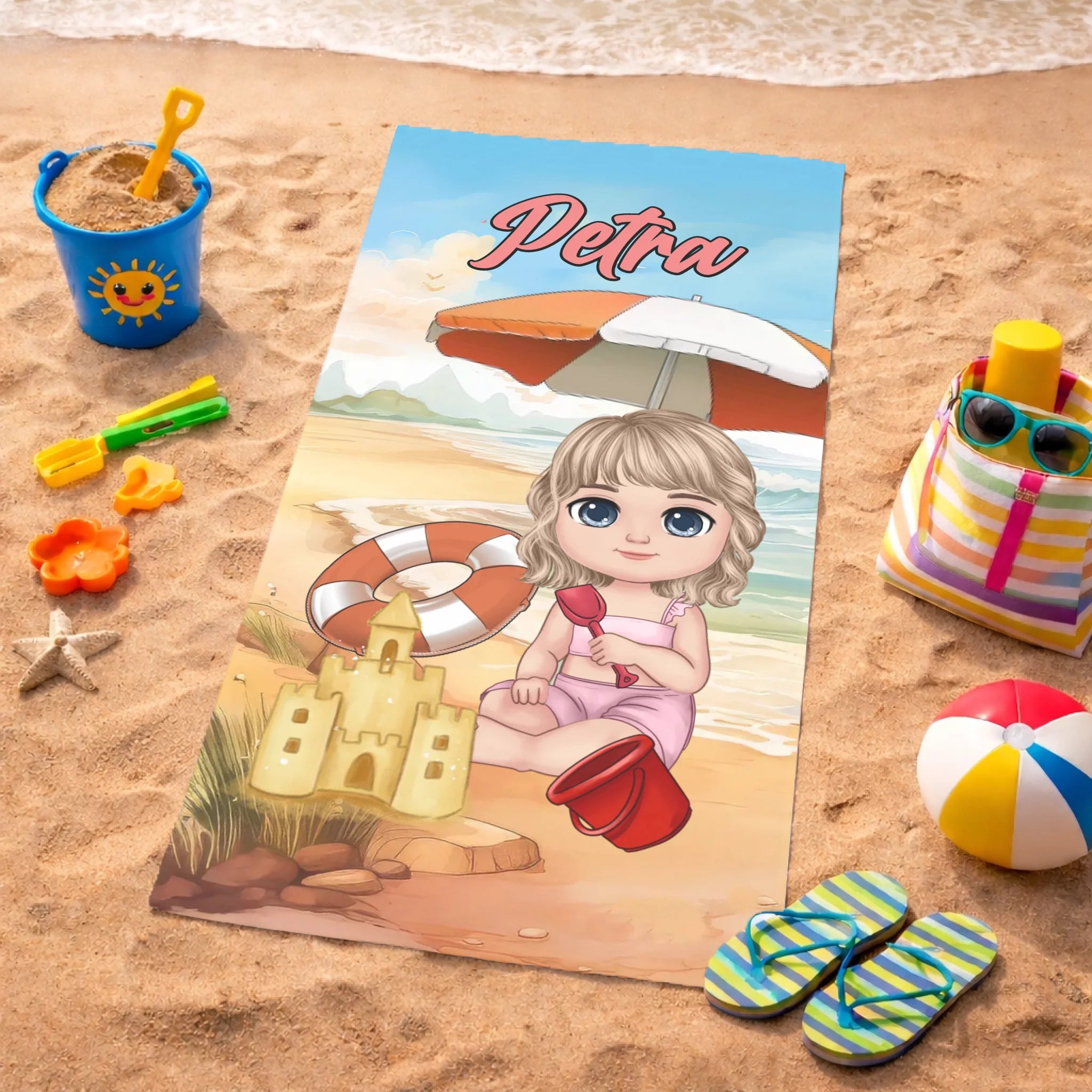 Personalizirani dječji ručnik za plažu s prilagodljivim djevojačkim motivom