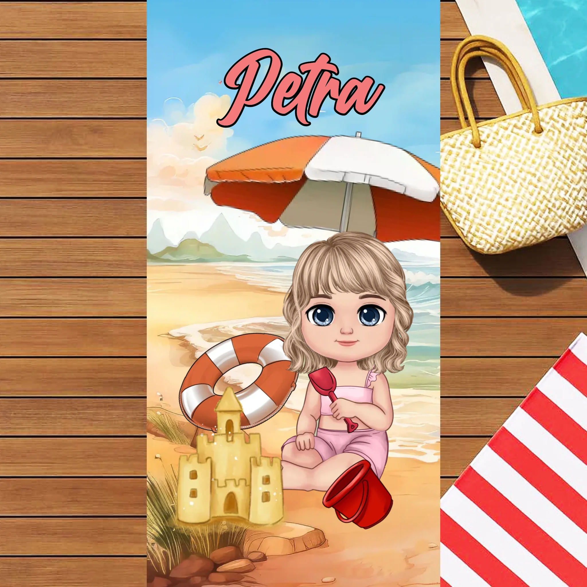 Personalizirani dječji ručnik za plažu s prilagodljivim djevojačkim motivom