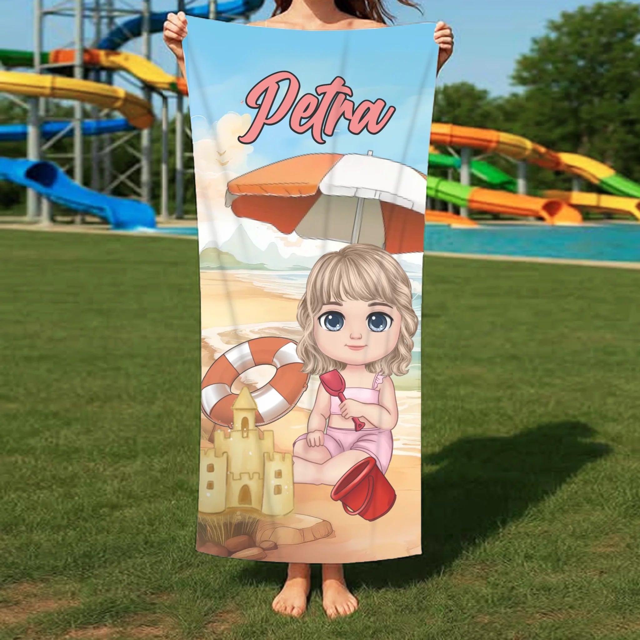 Personalizirani dječji ručnik za plažu s prilagodljivim djevojačkim motivom