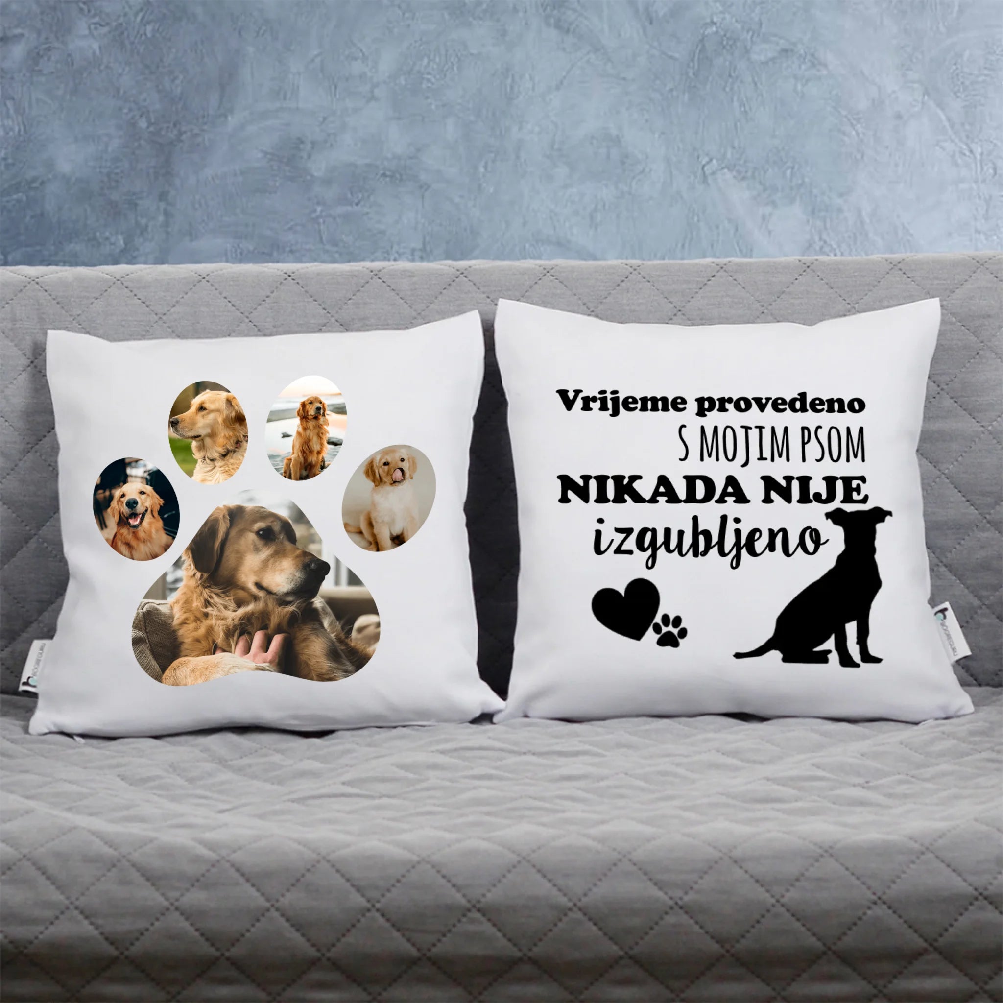 Dvostrani personalizirani jastuk s fotografijom psa i tekstom po želji