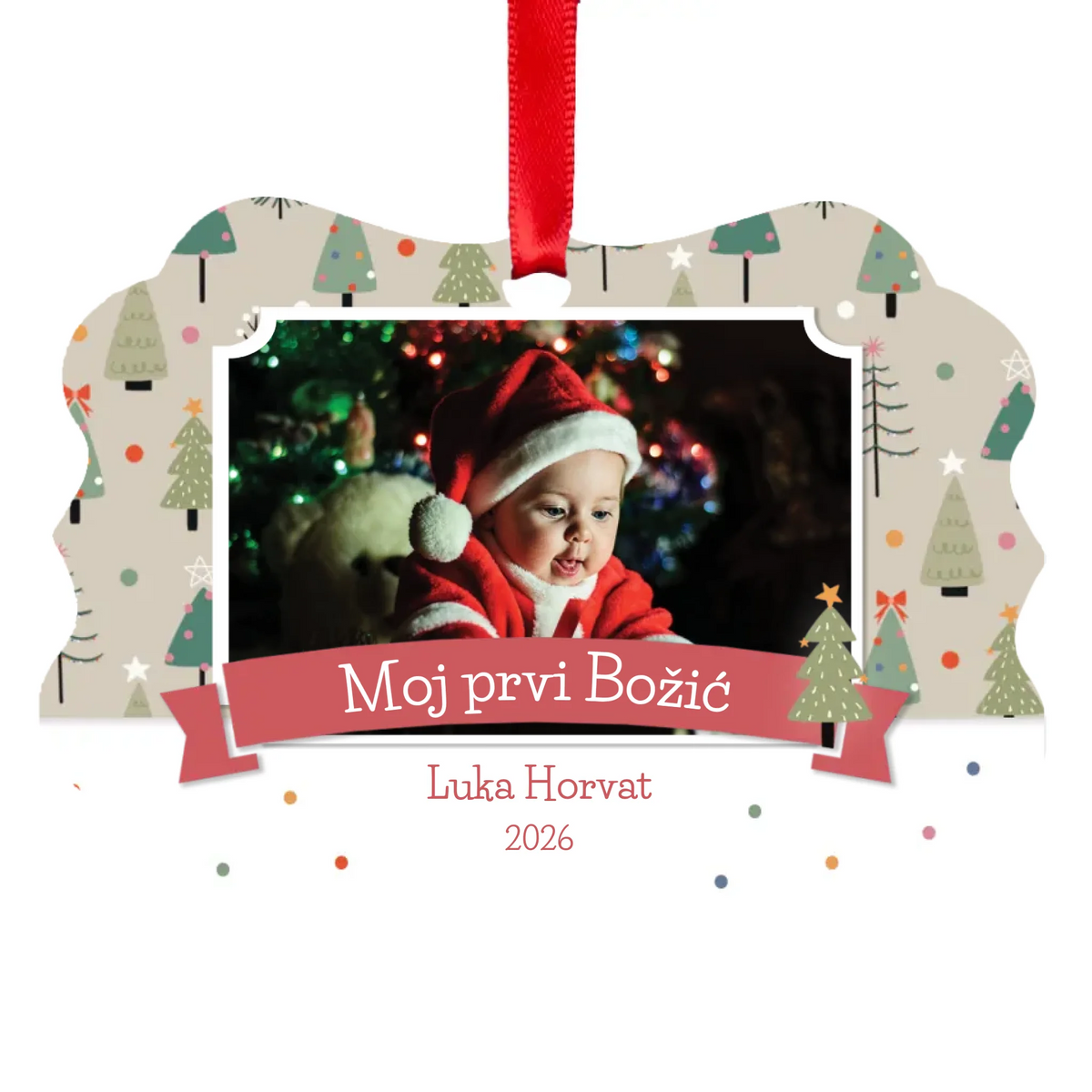 Personalizirani duguljasti božićni ukras s fotografijom i božićnim motivom