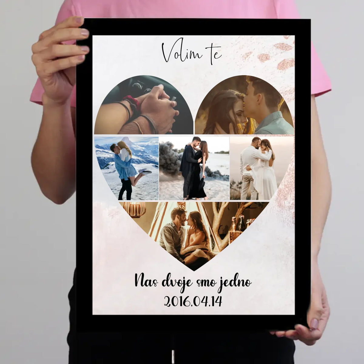 Zidna slika s kolažem fotografija u obliku srca i personaliziranim natpisom