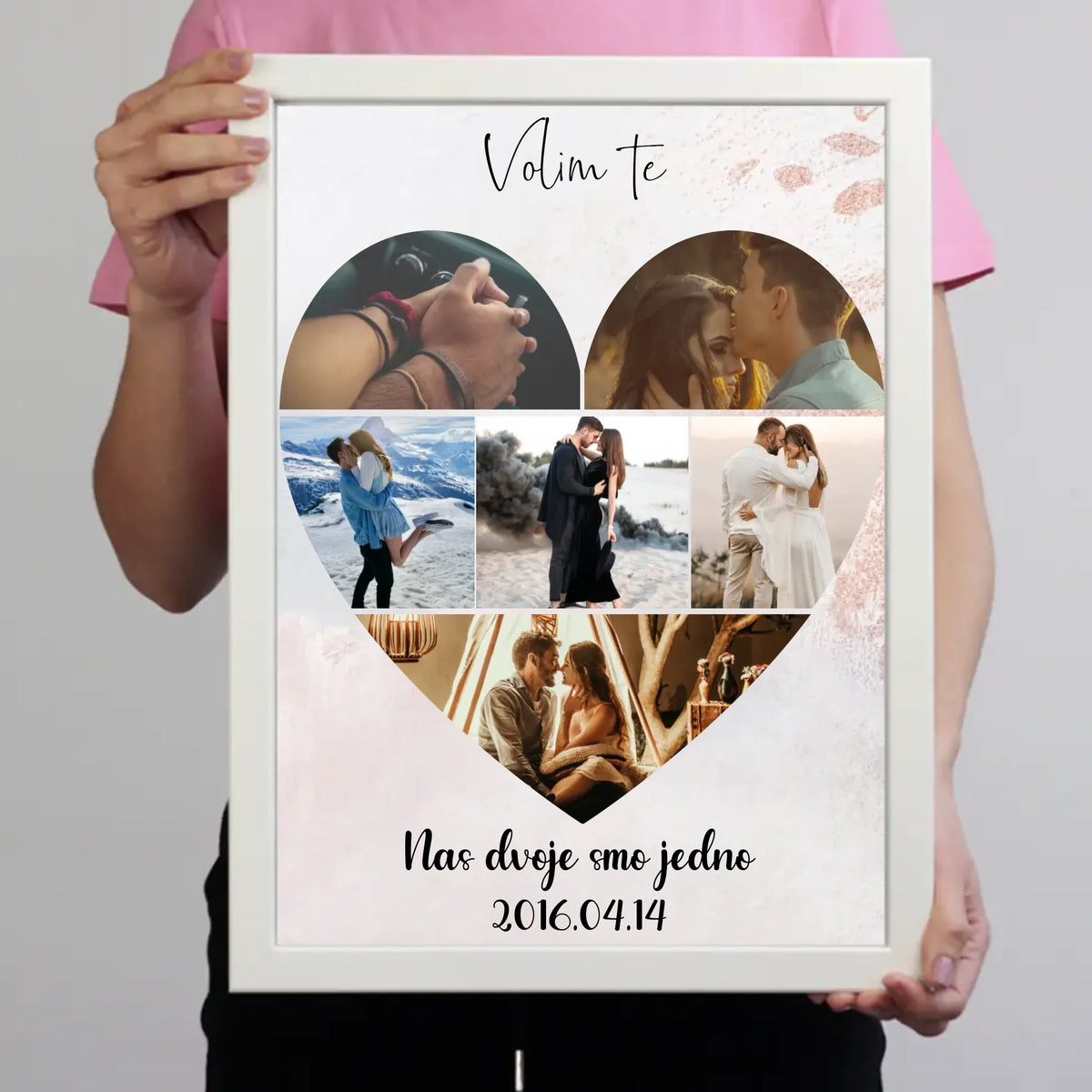 Zidna slika s kolažem fotografija u obliku srca i personaliziranim natpisom