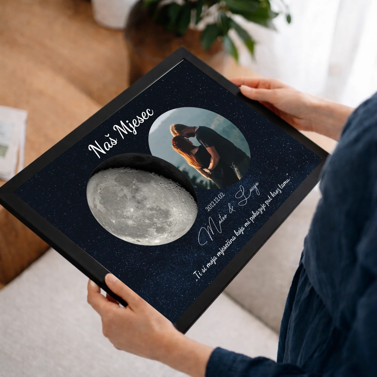 Zidna slika s mjesečevom fazom – personalizirana fotografijom i natpisom