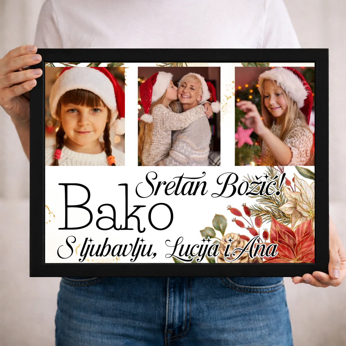 Božićni poklon za baku – personalizirana zidna slika s fotografijama i prilagodljivim tekstom
