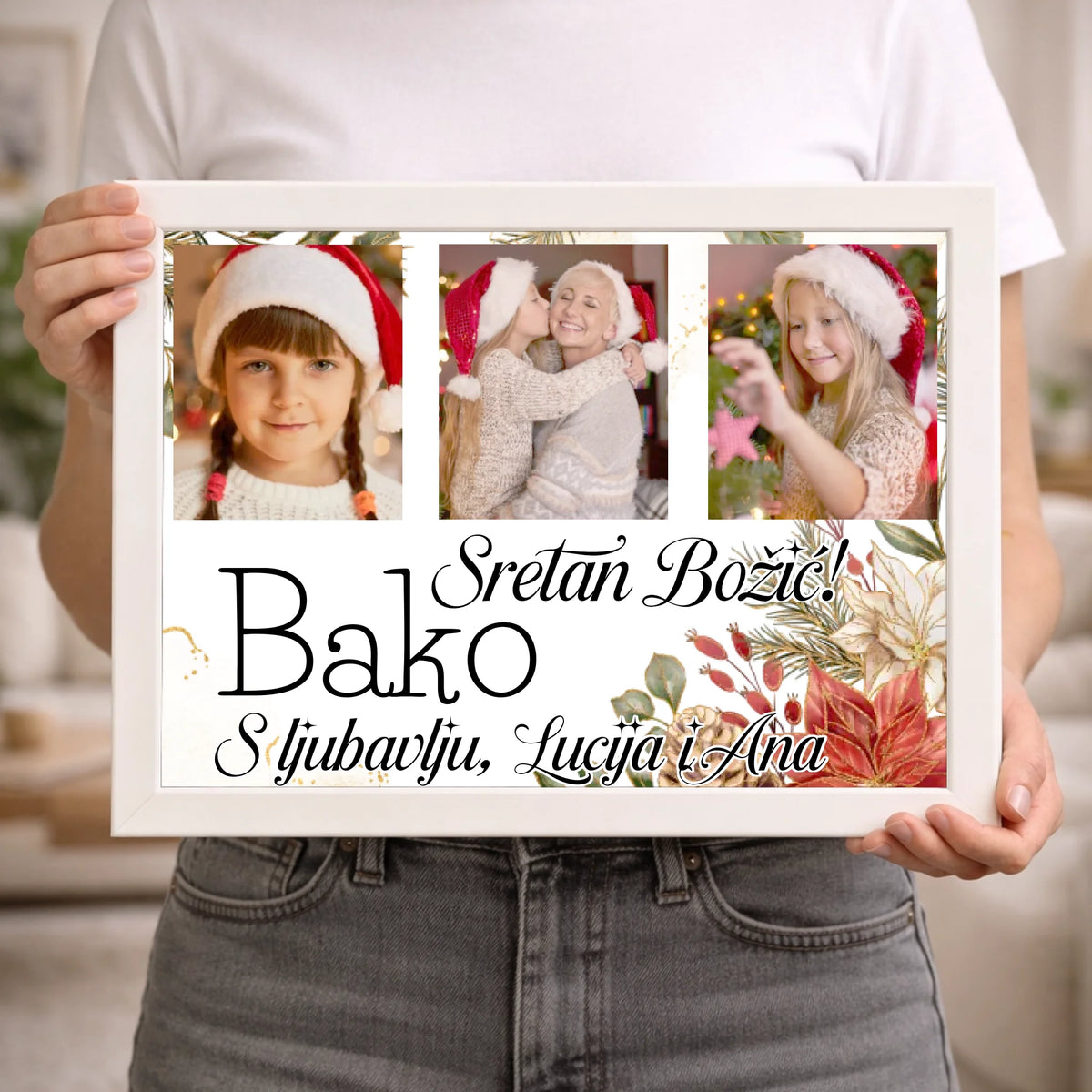 Božićni poklon za baku – personalizirana zidna slika s fotografijama i prilagodljivim tekstom