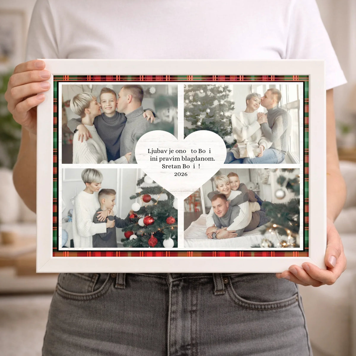 Personalizirana božićna zidna slika u obliku srca s 4 fotografije