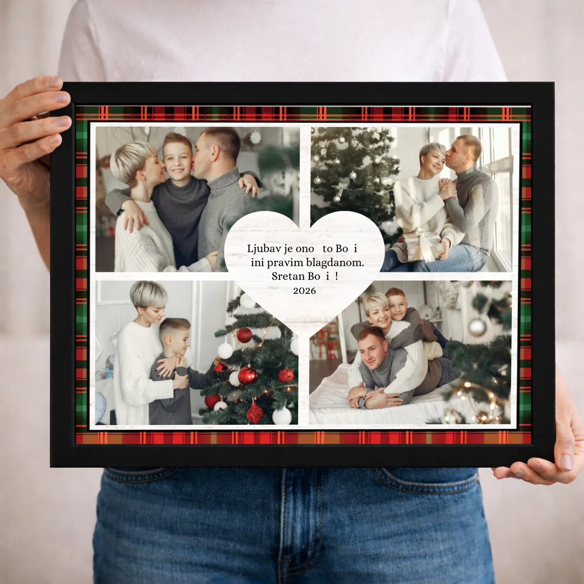 Personalizirana božićna zidna slika u obliku srca s 4 fotografije