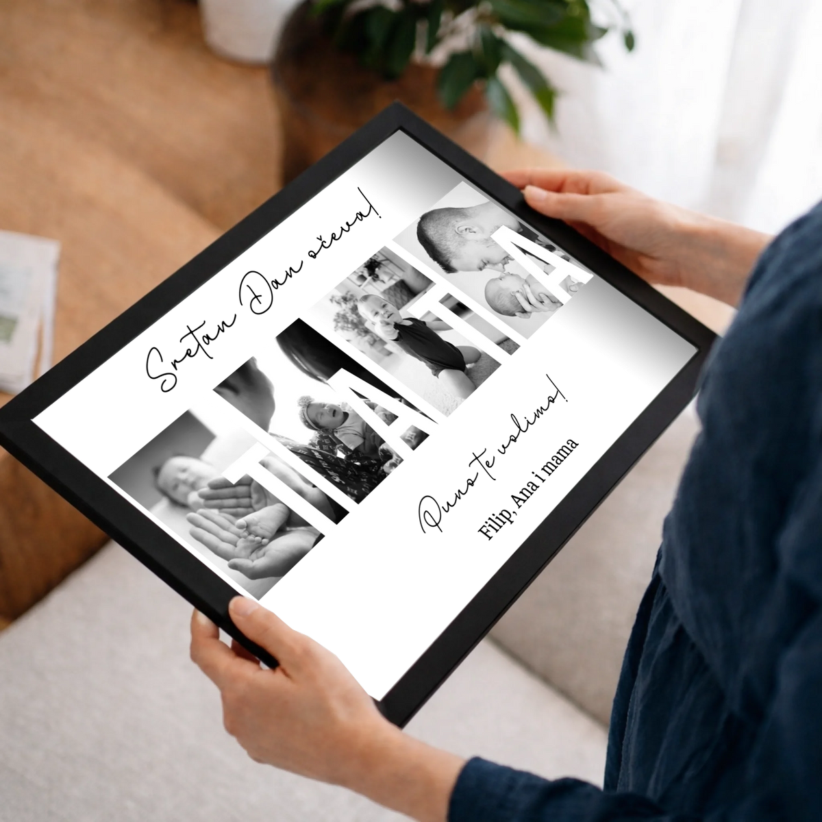 Personalizirana zidna slika s fotografijama i prilagodljivim natpisom „Tata, volimo te”