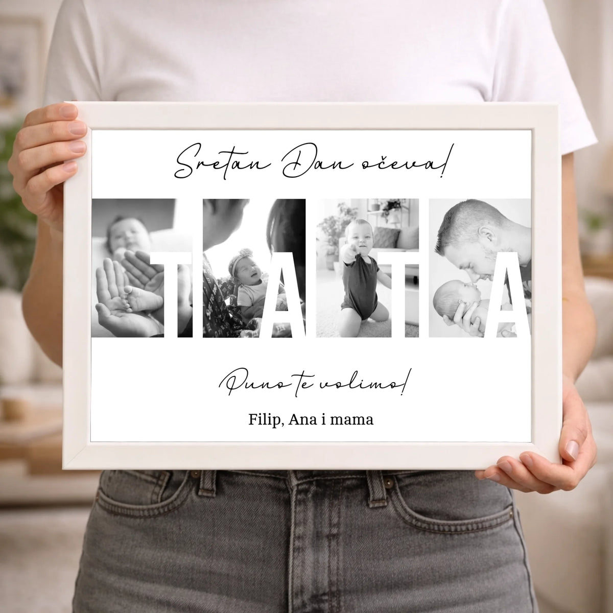 Personalizirana zidna slika s fotografijama i prilagodljivim natpisom „Tata, volimo te”