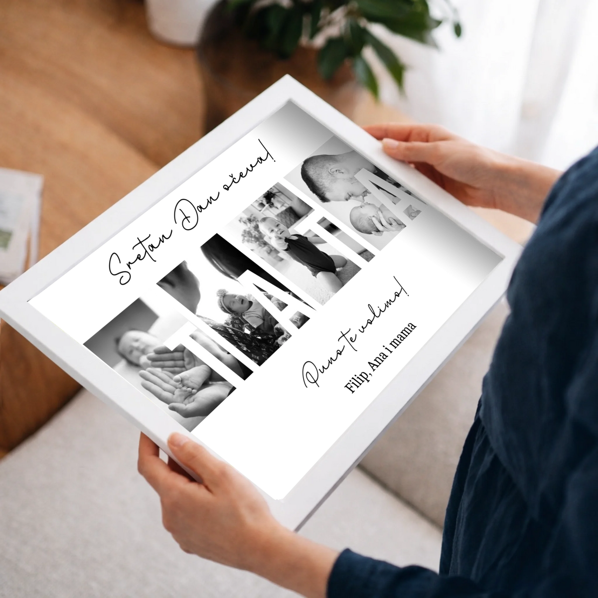 Personalizirana zidna slika s fotografijama i prilagodljivim natpisom „Tata, volimo te”