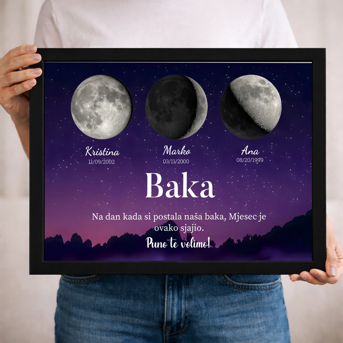 Personalizirani poklon za baku – zidna slika s mjesečevim fazama i prilagodljivim tekstom