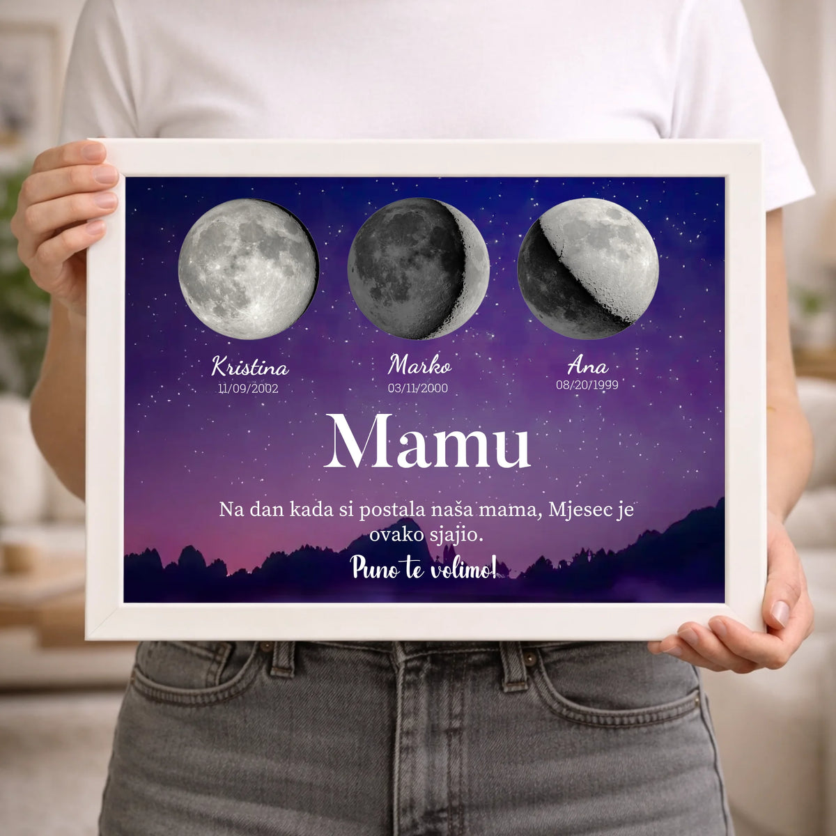 Personalizirani poklon za mamu – zidna slika s mjesečevim fazama i prilagodljivim tekstom