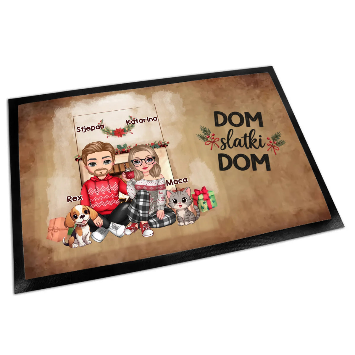 Personalizirani božićni otirač za parove s prilagodljivim likovima i kućnim ljubimcima po izboru