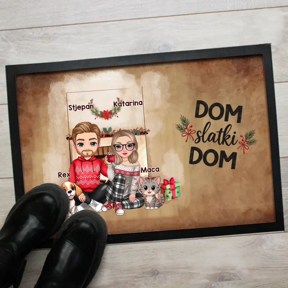 Personalizirani božićni otirač za parove s prilagodljivim likovima i kućnim ljubimcima po izboru