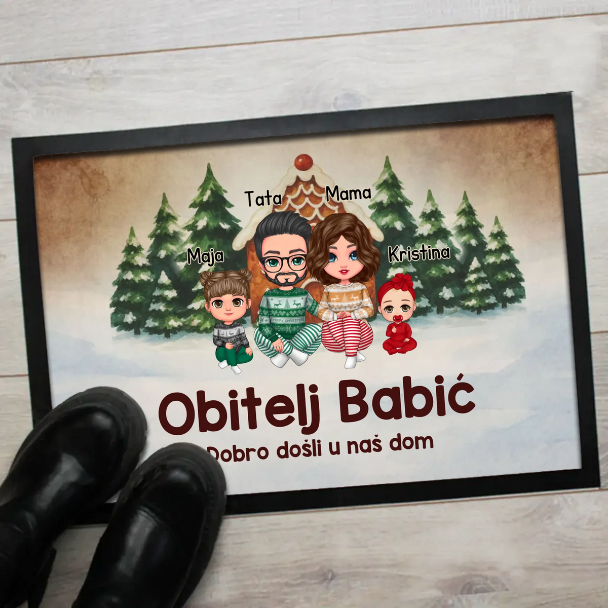 Božićni obiteljski otirač s prilagodljivim likovima