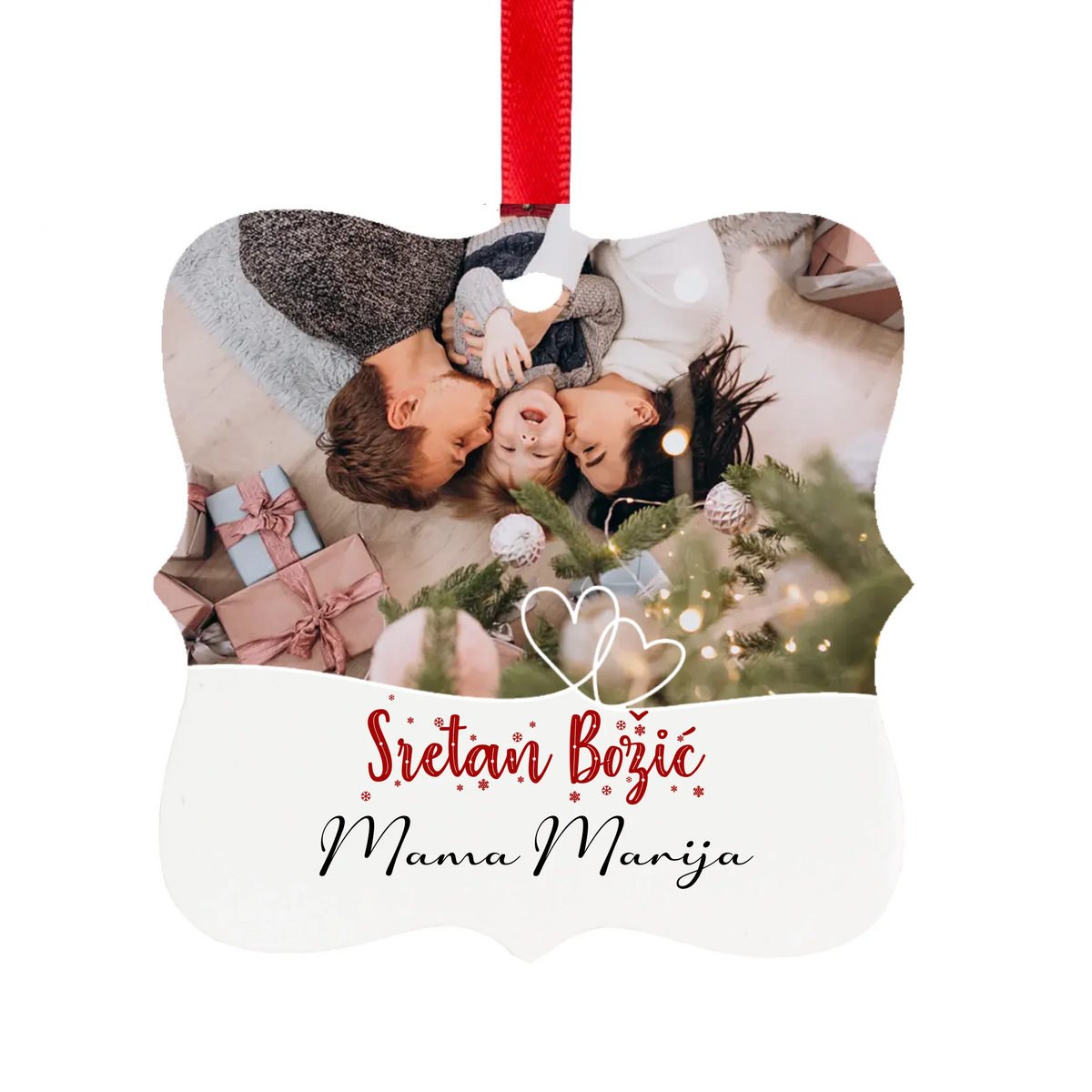 Personalizirani kvadratni božićni ukras s fotografijom i ukrasnim natpisom